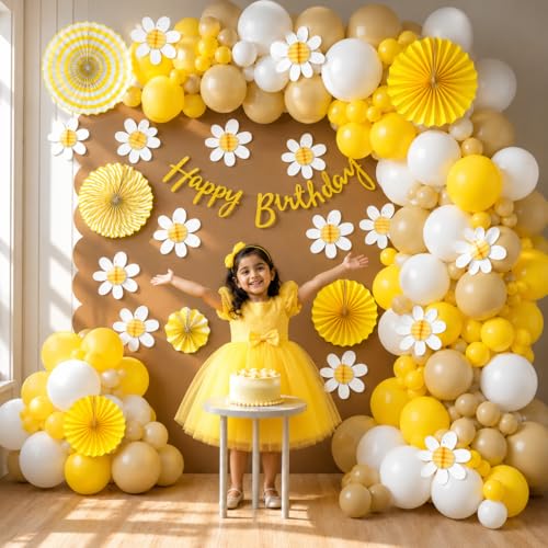 Image of Party Propz Sunshine & Floral Theme Happy Birthday Decoration Kit for Girls - 42 Pcs Birthday Decoration Kit for Kids, Baby Boy with Birthday Banner, Balloons, Yellow Paper Fans & Flower (Cardstock)