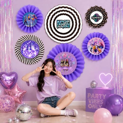 Image of Wanna Party Purple Korean Pop Inspired Paper Fan Decorations, Set of 6 | Hanging Rosette Fans for Birthday, Dance Party, Photo Backdrop, Cake Table & Celebration Decor