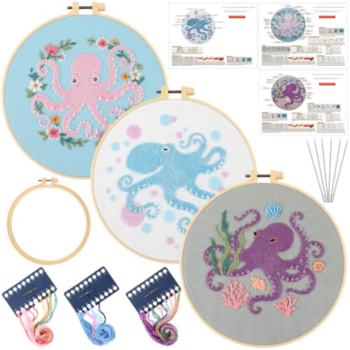 Image of Mindsoft 3 Set Needlepoint Kit for Beginners with Hoop,Octopus | Bamboo Hoop Thread Needles Instructions, Easy Hand Embroidery for Beginners Home Crafts,Pre-stamped Funny Cute Designs