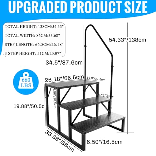 Image of 3 Step RV Stairs with Handrail, 660LBS Heavy Duty Anti-Slip Metal Steps, Detachable Outdoor Stairs for Hot Tub /5th Wheel /Pool /Mobile Home