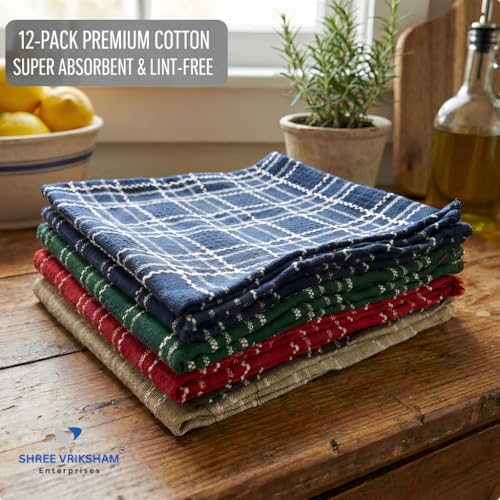 Image of Vriksham Premium Set of 12-Piece Pure Cotton Dish Towels - Highly Absorbent, Quick-Dry & Multipurpose Kitchen Cleaning Cloths,18 x 18 inch (12, Multi 18x18)