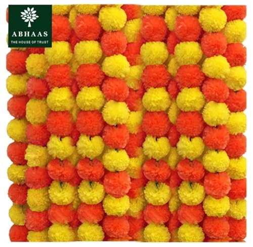 Abhaas 10Pcs Artificial Marigold Garland for Decoration Pooja Room Toran Indian Genda Phool for Wedding & Festivals Diwali Pongal (Orange+Yellow) /4.7 Feet/Set of 10 Strings, 147 cm, 147 Cm