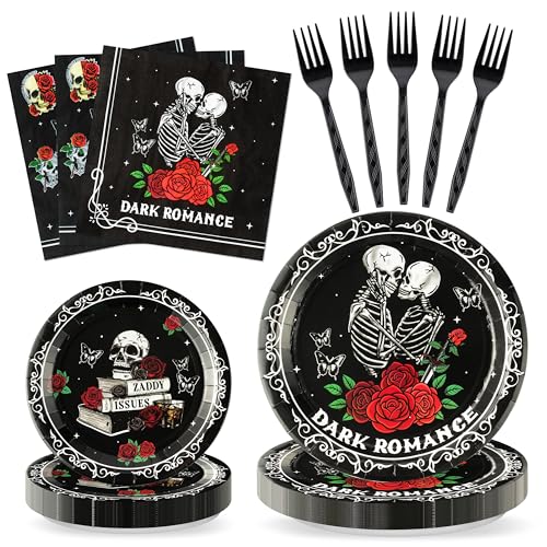G1ngtar 96Pcs Dark Romance Book Lover Skull Rose Black Gothic Party Plates Supplies Tableware Decorations Disposable Paper Plates Napkins Forks for Birthday, Serves 24 - image 1