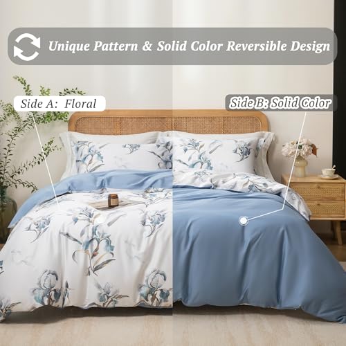 MILDLY Cal King Size Duvet Cover Set 100% Long-Staple Cotton Luxury White & Blue Floral Patten Reversible Comforter Cover Set 3Pcs