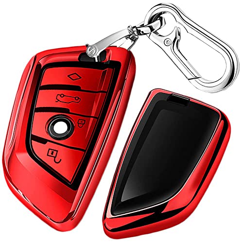 Image of QBUC for BMW Key Fob Cover with Leather Keychain, Red