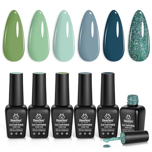 Image of Beetles Green Gel Nail Polish Set - 6 Colors Green Gray Blue Glitter Nail Gel Polish Soak off Uv Gel Nail Art Manicure Gifts for Women