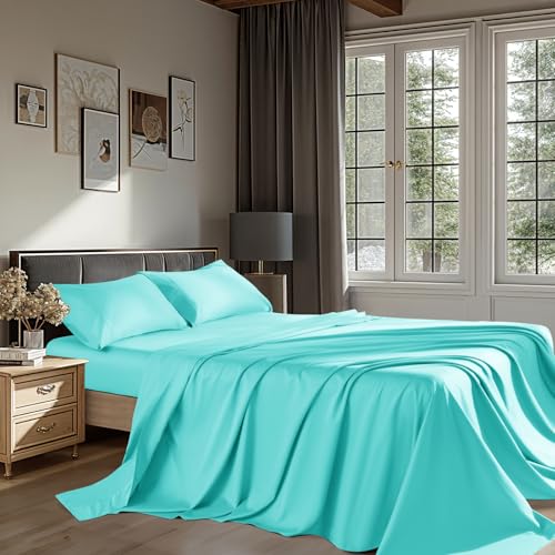 REDASW 1200 Thread 100% Egyptian Cotton Sheet Sets Full Size 4 Pcs Bedding Set, Fitted Sheet Deep Pocket Up to 16" Soft Bed Sheet for All Season (Full, Lake Green)