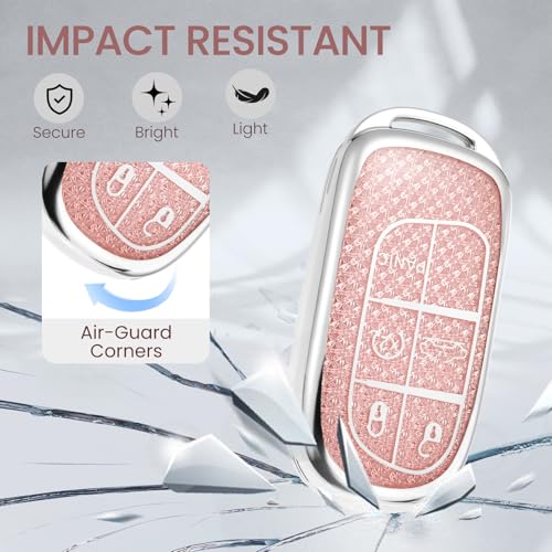 Image of Key Fob Cover for Jeep Renegade, Rhinestone Wristlet Case, Pink | Wear-resistant TPU shell, non-stretch rhinestone wristlet, daily splash, scratch and drop protection, normal signal use