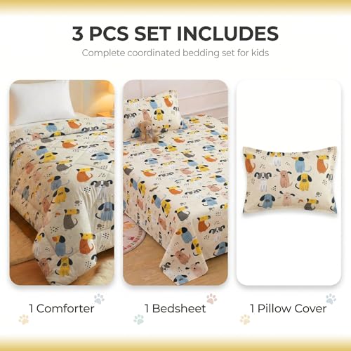 Image of VAS COLLECTIONS Single Bed Comforter Set 220 GSM Microfiber | Ultra Soft AC Comforter with Flat Bedsheet (60x90 Inches) & 1 Pillow Cover | 3 Pc Bedding Set (Puppy Print) | 3 Pc Bedding Set