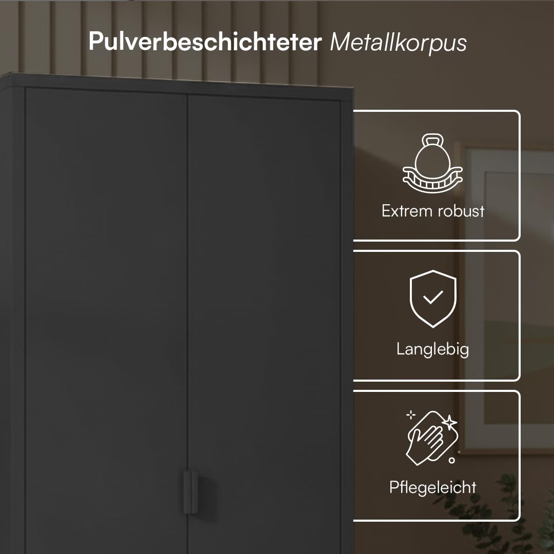 skølm Ituri Metallschrank Schwarz – Kleiderschrank mit 6 Fächern & 2 Kleiderstangen – Garderobenschrank Flur 80 cm breit – Schlafzimmerschrank Industrial Style – Stahlschrank für Wohnzimmer & Büro