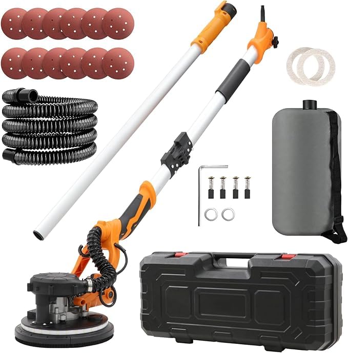 VELPAX Drywall Sander 1250W,11.5A Electric Drywall Sander with Vacuum,with 12 PCS Sanding Discs, 5 Variable Speed, Xtension Handle,LED Light,Variable Speed 500-1800RPM
