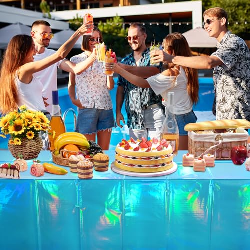Image of 3 Pack Blue Plastic Tablecloth, Disposable Rectangle Table Covers, Holographic Metallic Foil Tablecloth Light Blue Party Supplies Decorations for Birthday Graduation Ocean Under the Sea, 54x108Inch