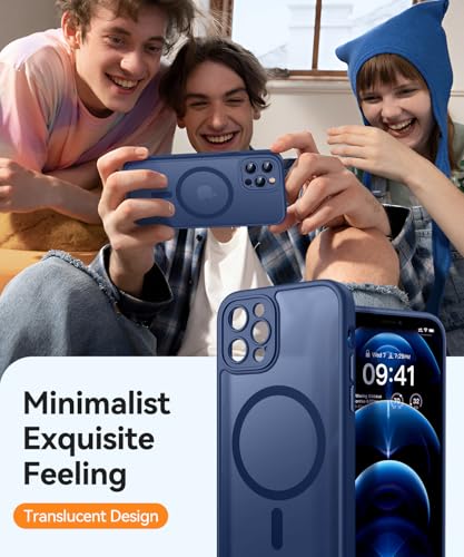 Image of CANSHN Magnetic Compatible with iPhone 12 Pro Case, Upgraded [Full Camera Protection] [Compatible with Magsafe] [Translucent Matte] Shockproof Protective Phone Cover 6.1 Inch - Deep Blue