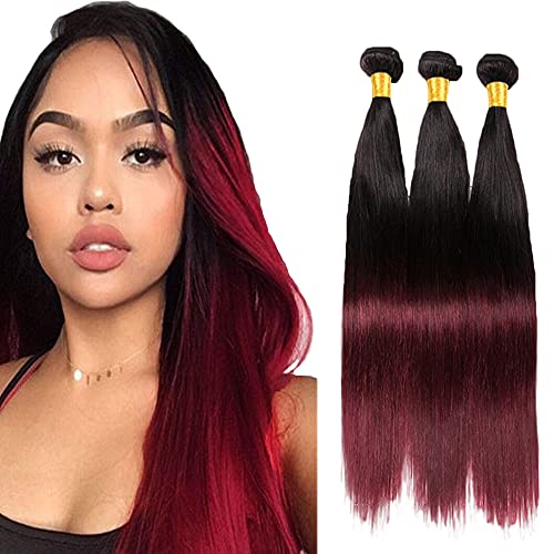 AuokMar 26 28 30 Inch 1b/99j Burgundy Human Hair Bundles Red Ombre Bundles Peruvian Hair Bundles Straight Virgin Human Hair 10A 3 Bundles 100% Unprocessed Hair Bundles