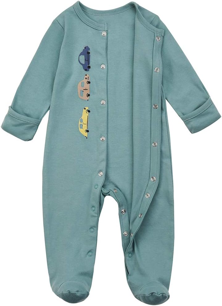Aablexema Baby Footie Pajamas with Mittens - 3 Pcs Infant Girls Boys Footed Sleeper Newborn Cotton Sleepwear Outfits 0-3 Months Car Style(snap)