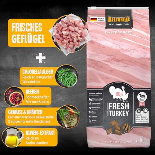 BELCANDO MASTERCRAFT Hundefutter trocken Fresh Turkey, 10kg, Trockenfutter für Hunde mit Truthahn, 80% Frischfleisch, getreidefrei, für alle Rassen, Made in Germany