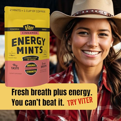 Image of Viter Energy 40mg Caffeine Mints - Sugar Free, B Vitamins, Vegan, Boosts Fast Energized Alert Focus, Caffeinated Nootropic Supplement Pills (Cinnamon Flavor, 8oz, Bulk Bag)