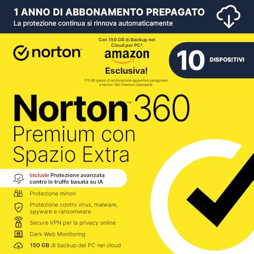 Norton 360 Premium| Extra Spazio Archiviazione|Esclusiva Amazon * 75 GB extra Cloud Backup|...