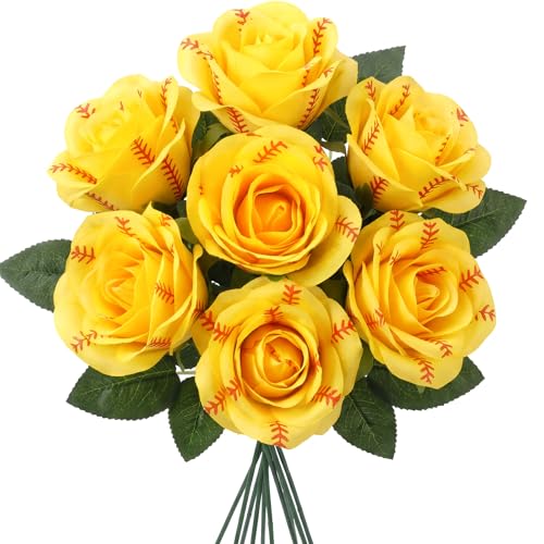 Hotop 6 Pcs Bloom Softtball Roses with Leaves Artificial Yellow Rose Bouquet for Softball Team Senior Fans Coach Gift Sports Theme Graduation Wedding Party Decoration
