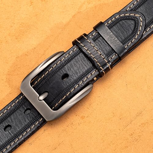 Image of Italian Full Grain Leather Belt for Men Western Cowboy Casual Jean Belt 1.5 Wide 7 Holes Gift Box Packaging