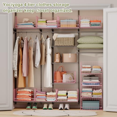 Image of 4-Tier Closet Organizers and Storage, Stackable Closet Organizer Basket, Foldable Closet Shelf Organizer Basket, Stackable Storage Bins and Organizer Shelves for Home Closet Organizer System, Pink