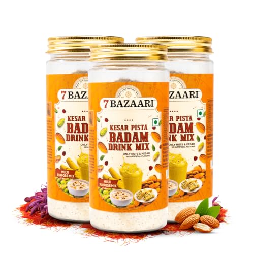 Image of 7 BAZAARI Kesar Pista Badam Milk Mix Powder 225g | Premium Badam Powder with Kesar, Pista & Spices | Ideal for Kids & Adults | No Artificial Flavours (Pack of 3)