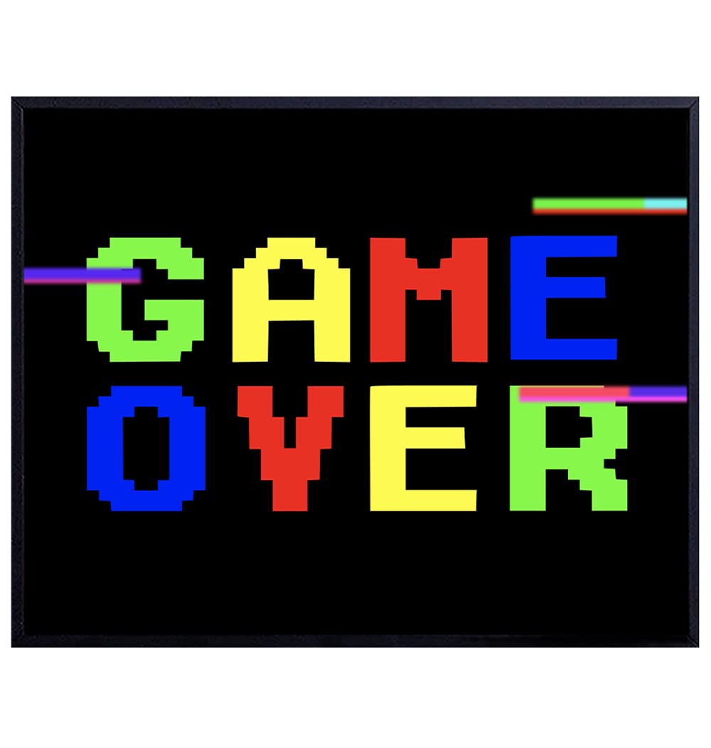 Game Room Decor, Decoration - 8x10 Game Over Wall Art Poster for Video Arcade, Living Room, Bedroom, Man Cave, Bar - Cool Unique Gift for Gaming Fan, Gamer, Boys, Men, Teens - UNFRAMED Picture Print