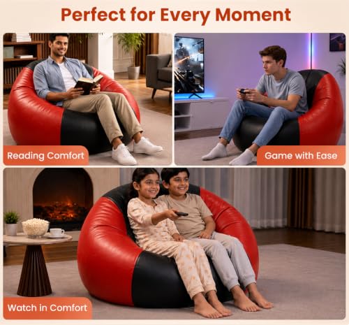 Image of Sattva Classic 3XL Bean Bag Chair with Beans Filled | Faux Leather Sofa Style Beanbags with Filled Beans | Pre-Filled Beans Bag with Beans for Adults | Large Bin Bags Sofa - Black & Red