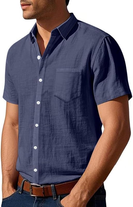 Men's Linen Shirt - Short Sleeve Button Down Collar Solid Casual Shirts with Pocket...