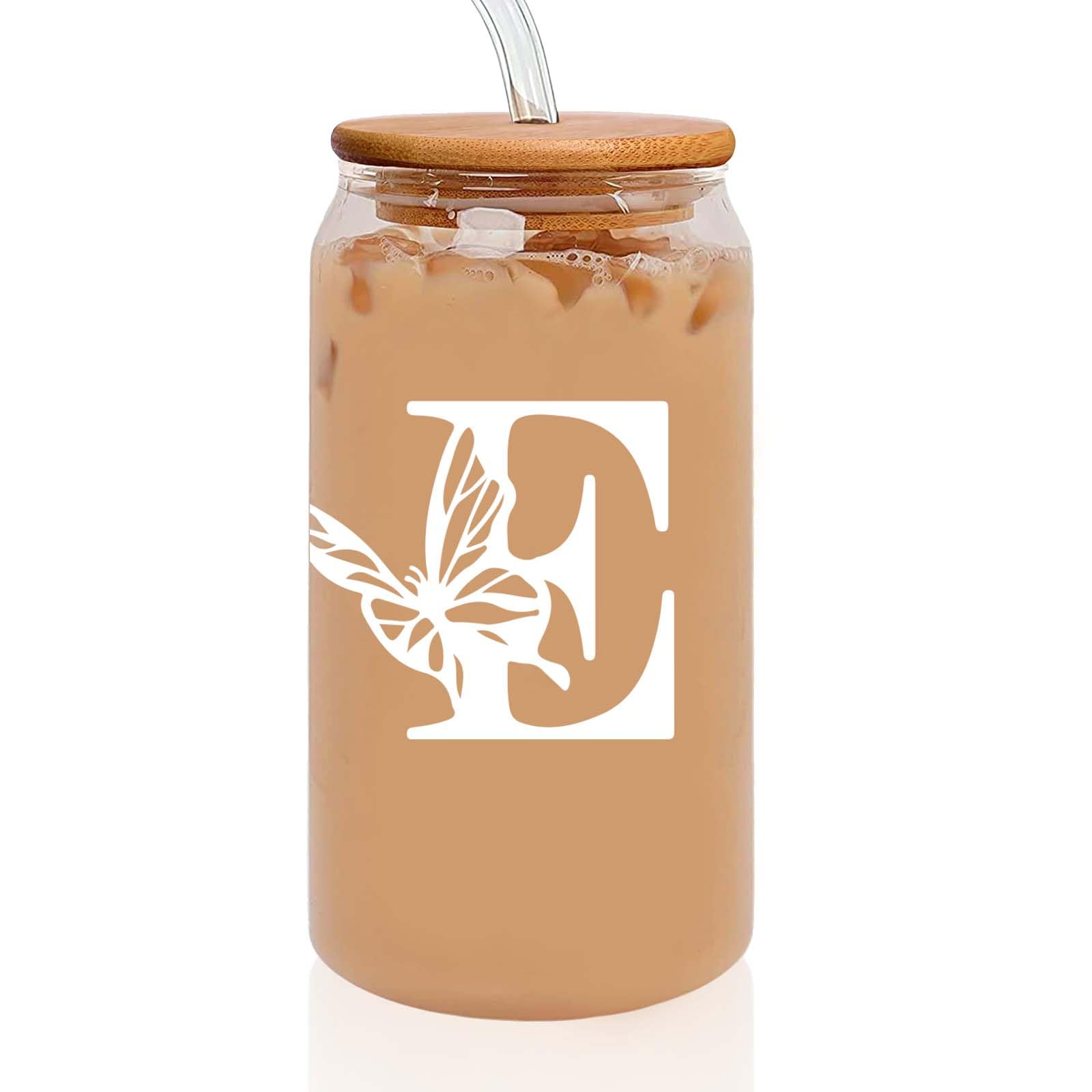 Photo 1 of Initial 16oz Can Glass with Lid & Straw, Monogrammed Gifts for Women, Letter E Shaped Coffee Cup, Personalized Christmas Birthday Gifts for Women Mom Sister Friend (16 Oz, E) 16 Oz E