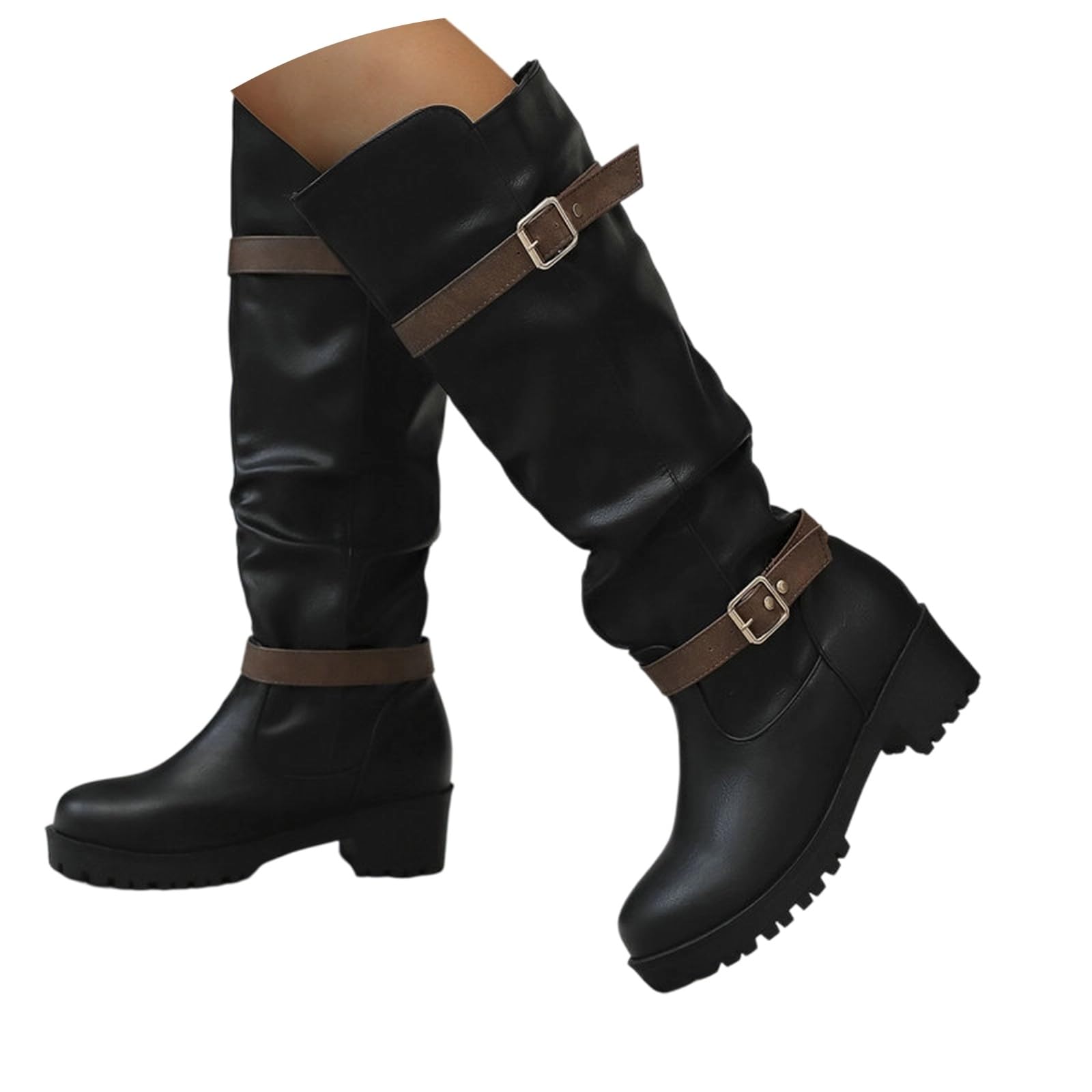 Stivali da equitazione alti con tacco basso e risvolto in stile inglese, calzatura al ginocchio per donna, autunno/inverno, suola spessa