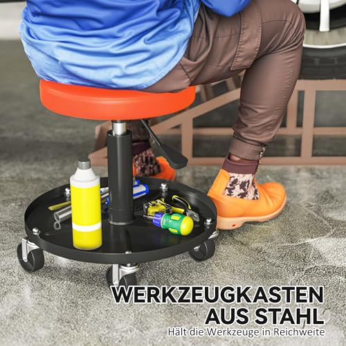 HOMCOM Werkstatthocker mit Rollen Ablagefläche höhenverstellbar 38-50cm Rollhocker bis 135 kg belastbar drehbar Arbeitshocker Rollsitz Drehhocker Ø38 cm Werkstattsitz für Werkstatt Orange