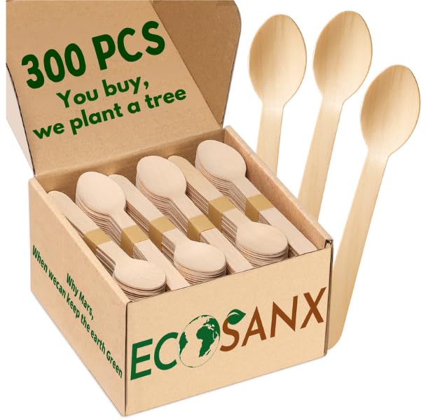 300 PCs Wooden Spoons Set 6.5 Splinter Free Disposable Spoons for Parties Eco-Friendly Substitute for Plastic Cutlery & Bamboo Cutlery - Disposable Tableware for Outdoor Camping Events & More
