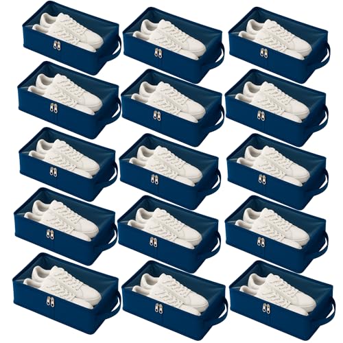 Image of Under Bed Storage Shoes Organizer Box with Clear Plastic Zippered Cover (Blue, Pack of 15) | Dustproof Shoe Bags for Travel & Home | Closet & Underbed Shoe Storage for Men & Women