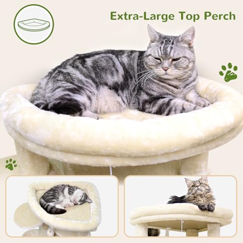 Image of Globlazer Corner Cat Tree for Large Cats, 66inch Tall Curved Series Large Cat Tower for Multiple Indoor Cats with 6 Scratching Posts, 2 Spacious Cat Condos, Hammock, Hanging Basket, C66, Beige