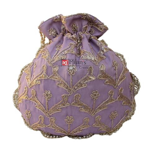 Image of MILAN'S CREATION Fancy Potli Bag Golden Embroidery Shimmer Silk Designer Purse Drawstring Purse With Pearl Handle & Tassel | Ladies Women's Handbag | Party Wedding Festival Giveaways Gift