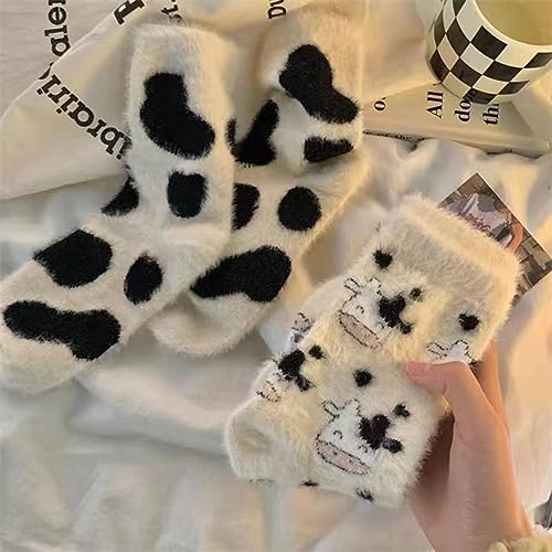 Cute Cow Fuzzy Socks, Women Warm Winter Slipper Socks, Soft Casual Socks, Cozy Fluffy Socks, Sleeping Thickened Plush Crew Socks for Home, Outside, 2 Pairs, Size 5-92