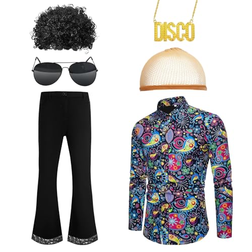 JTKDG 6 Pcs Mens 70s Disco Outfit Costume Retro Shirt Bell Bottom Pants Wig Sunglasses Necklace Wig Cap (M)
