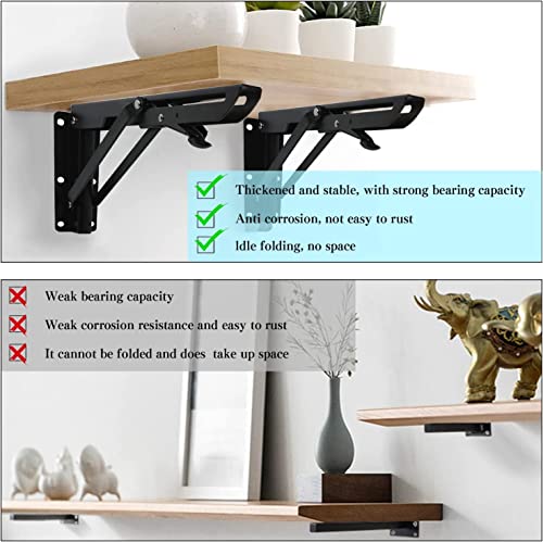 Image of Folding Shelf Brackets with Screws 2 Piece Heavy Duty Metal Collapsible Triangle Shelf Bracket, DIY Wall Mounted Folding Table Hinge Space Saving Folding Brackets - Black (30cm)