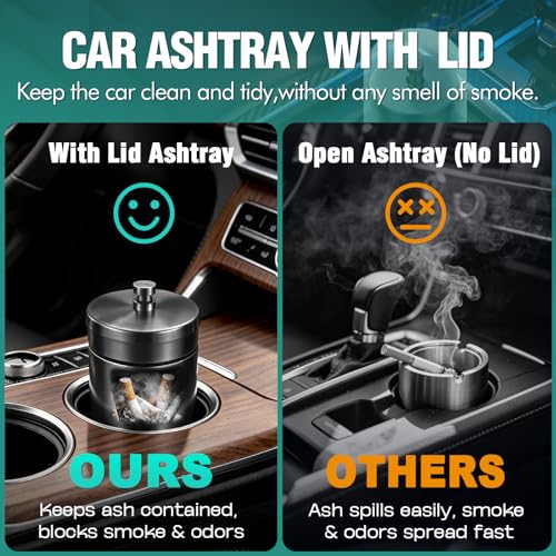 Image of Car Ashtray with Lid Smell Proof Stainless Steel Portable Ash Tray for Car Cup Holder Detachable Windproof Extinguished Cigarette Bucket for Outdoor Home Office (Black 2Pack)