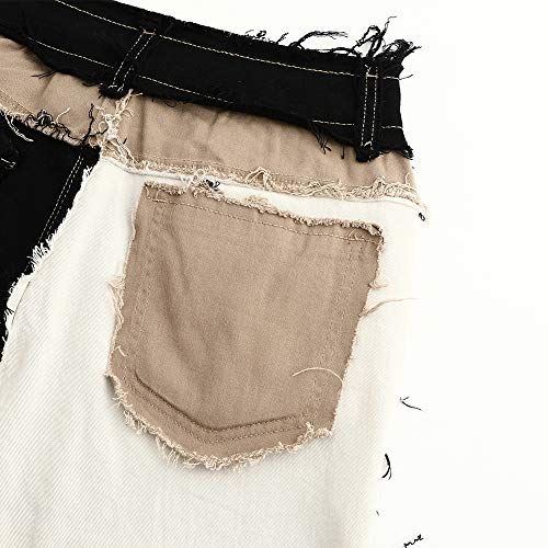 THUNDER STAR Womens Patchwork Straight Leg Jeans Mid Rise Stretch Frayed Denim Pants4