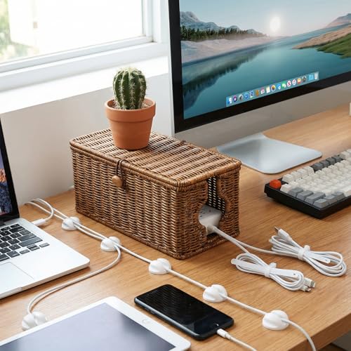Caja organizadora de cables de mimbre, paquete de 2 tamaños grande y pequeño, organizador de escritorio tejido a mano de imitación ratán, con 10 clips para cables y 10 ataduras, para hogar, oficina y estación de carga miniatura 4