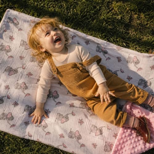 Image of GLLQUEN BABY Muslin Baby Blankets for Boys & Girls, 2-Layer Toddler Blanket | Cotton Top with Dotted Fleece Back, Soft Receiving Blanket for Nursery Stroller Crib, 30''x40'', Pink Elephant