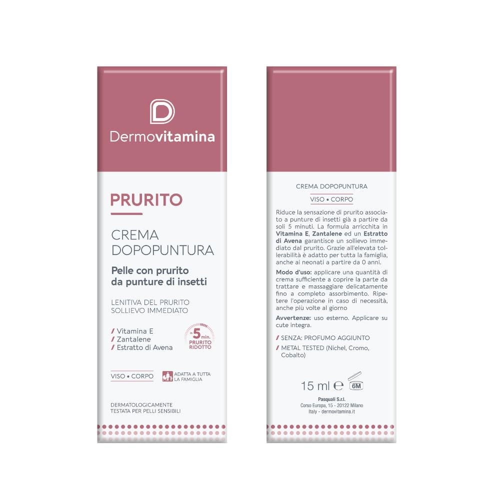 Dermovitamina Prurito Crema Dopopuntura – Lenitiva Immediata per Punture di Insetti –Antizanzara – Viso e Corpo – Per Tutta la Famiglia – Dopo puntura Zanzare Bambini – 15 ml