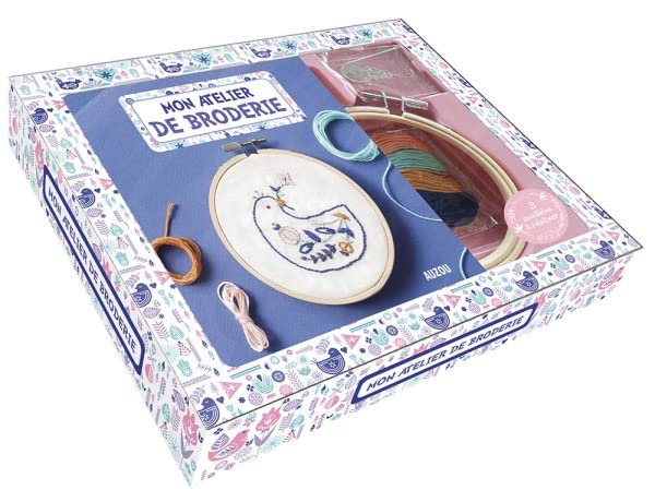 Mon atelier de broderie : Avec 1 tambour en bois, de la toile, 3 modèles, du papier magique soluble, 1 aiguille, 1 enfile-aiguille, des fils à broder (4 couleurs)