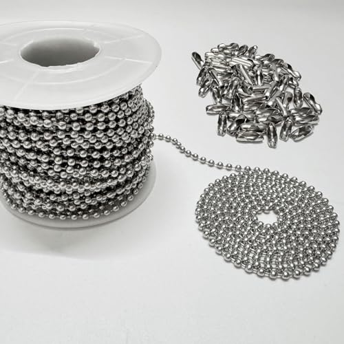 2.0mm Ball Bead Chain 50ft Stainless Steel Bead Link Chain Roll with 50pcs Matching Connectors, DIY Pull Chain for Dog Tag Necklace, Key Chain, & Advertising Items