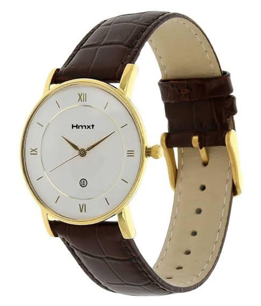 Image of HMXT-36 White & Brown Date Analog Watch with Stainless Steel Strap