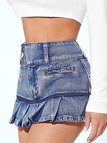 Women's High Waist Pleated Hem Denim Skirt Zipper Fly Bodycon Mini Skirts2