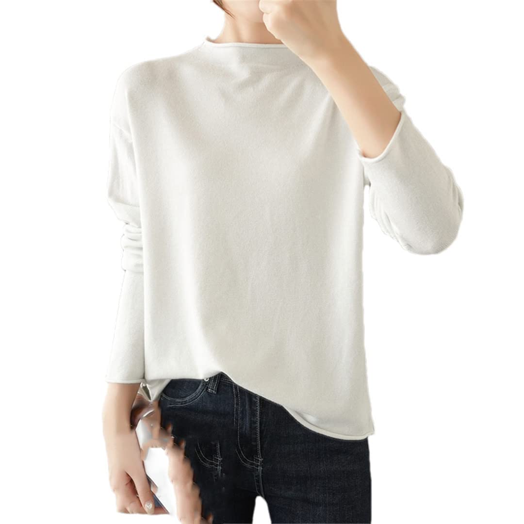 Dninmim Suéter de punto casual con dobladillo enrollado y cuello alto para mujer, suéter de lana para otoño e invierno