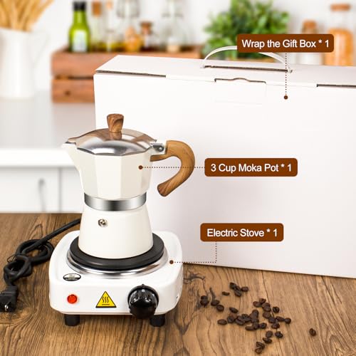 Image of 2-in-1 Moka Pot Espresso Set with Electric Stove 3 Cup Aluminum Stovetop Coffee Maker Percolator Italian Classic Mocha Coffee Machine for Italian and Cuban Cafe Brewing Portable Camping Travel